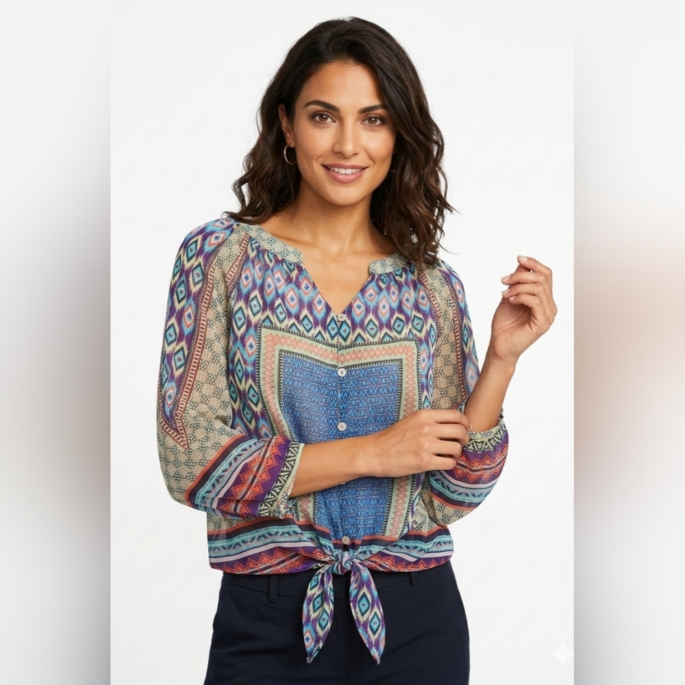 Figueroa & Flower Boho Tie-Front Peasant Blouse in Blue Multi Size L
